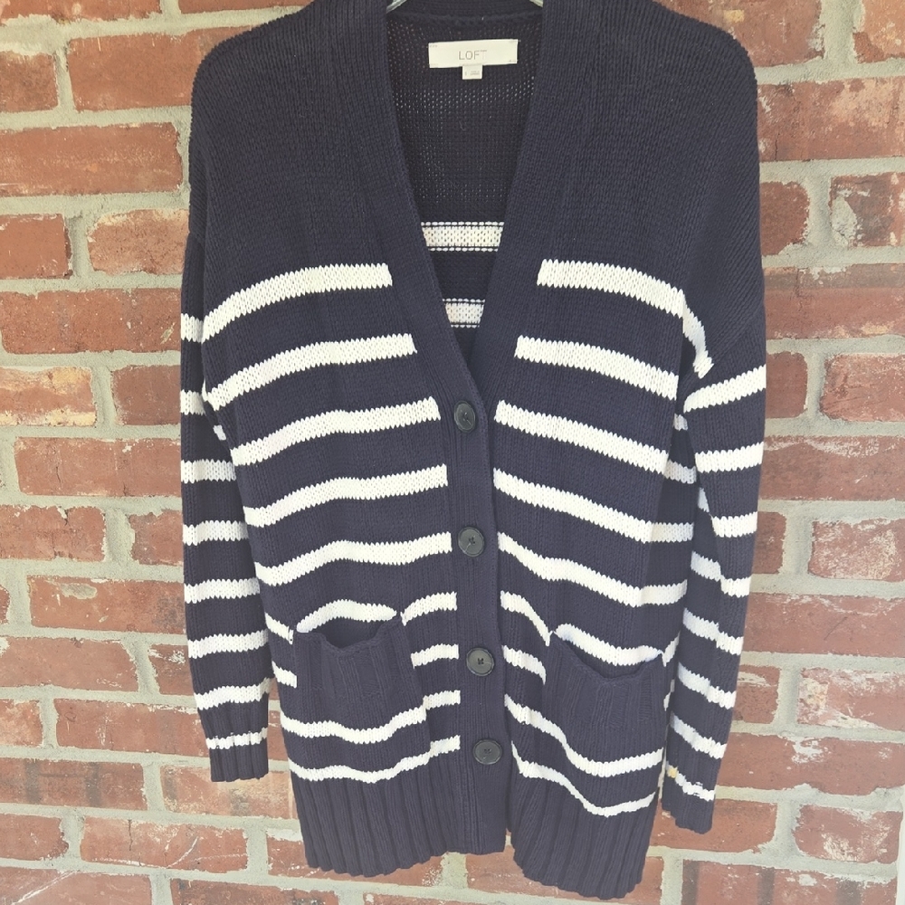 LOFT Navy and Cream Knit Sweater